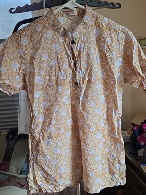 fabindia Mustard Yellow Floral Short-Sleeve Button-Down Shirt Cotton